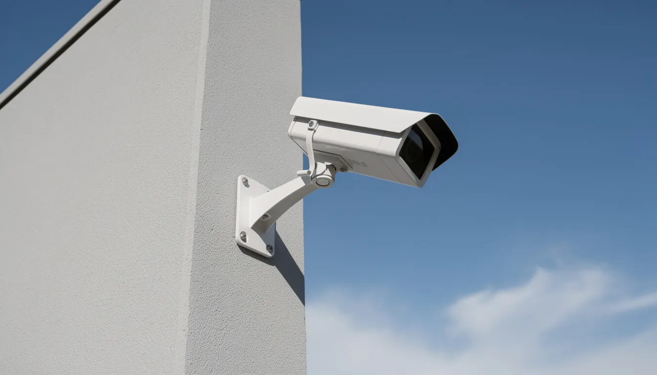 The image shows a security camera mounted on the exterior of a building, set against a clear blue sky. This surveillance equipment is often used to monitor activities for various purposes, including ensuring compliance in workers compensation claims and preventing fraudulent actions.