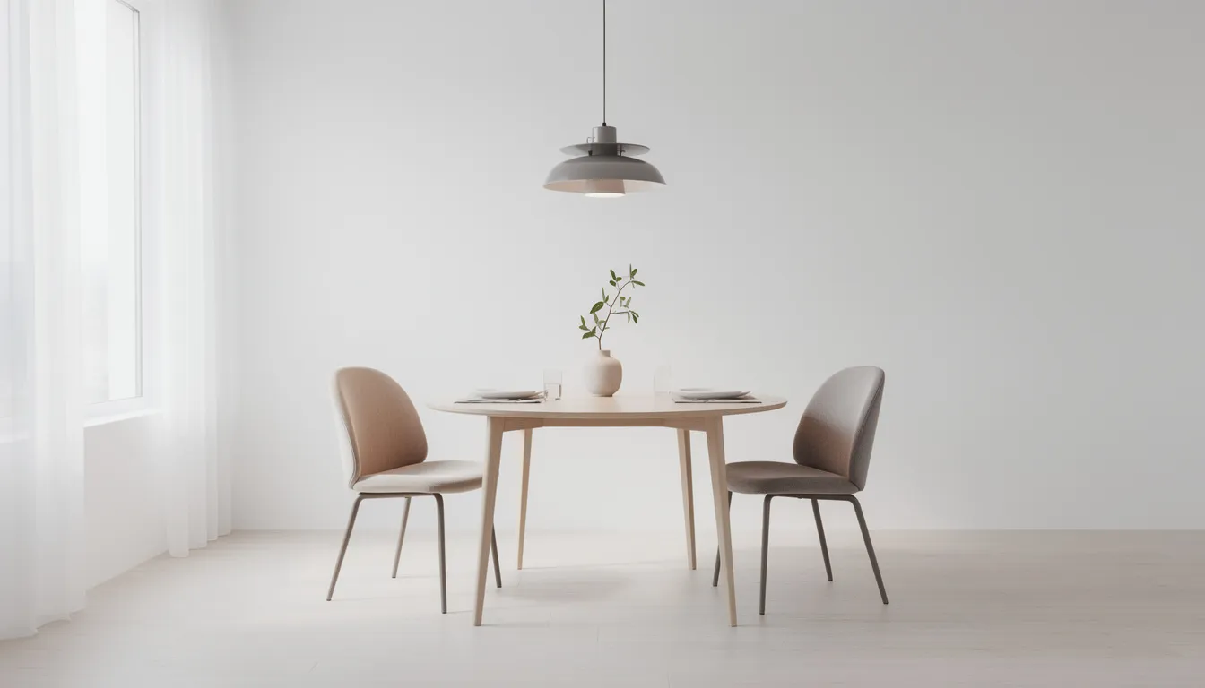 The image features a minimalist dining area with a round dining table surrounded by two simple chairs, all set under a stylish pendant light. The neutral decor enhances the compact dining space, making it ideal for small dining rooms or everyday living in modern homes.