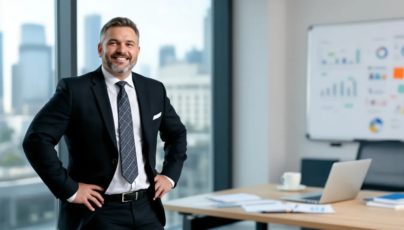 A confident business owner stands proudly, reflecting success after implementing a business expansion strategy aimed at increasing revenue streams and attracting new customers. This image captures the essence of small business growth, highlighting the owner's focus on expanding their customer base and exploring new markets.