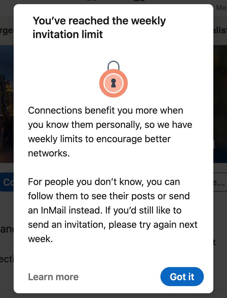 LinkedIn invitation restriction message