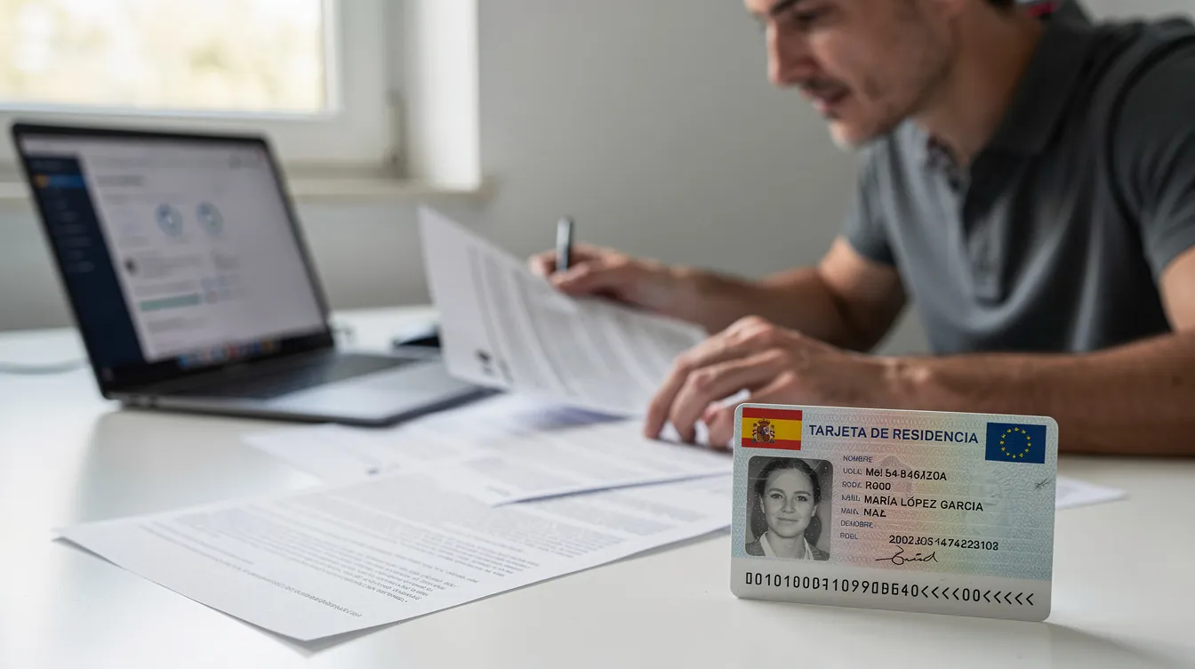 The image depicts a person seated at a desk, intently reviewing documents alongside a laptop and a Spanish residence card. This scene suggests the process of obtaining Spanish citizenship or legal residency, which is often pursued by Colombians seeking to establish a legal status in Spain.