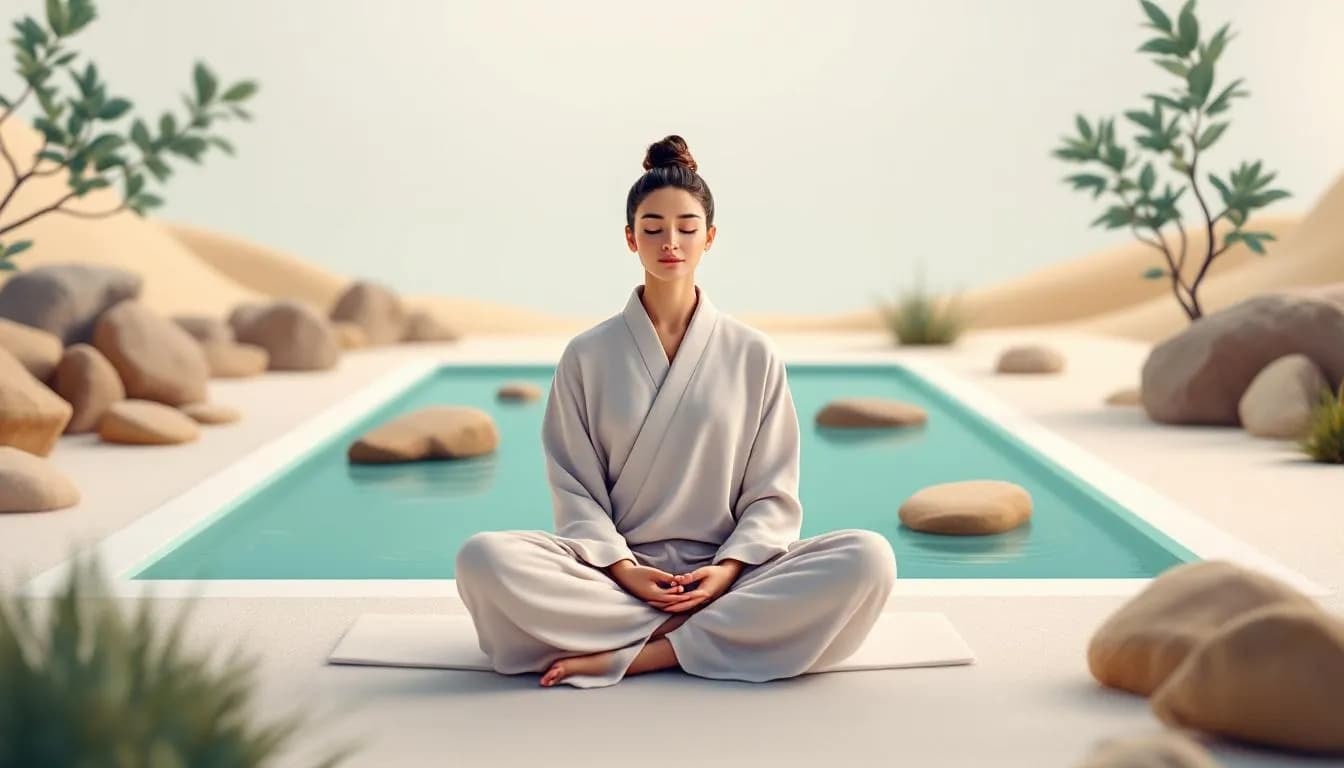 Ein meditierender Mensch in einer virtuellen Realität, umgeben von entspannenden Landschaften.