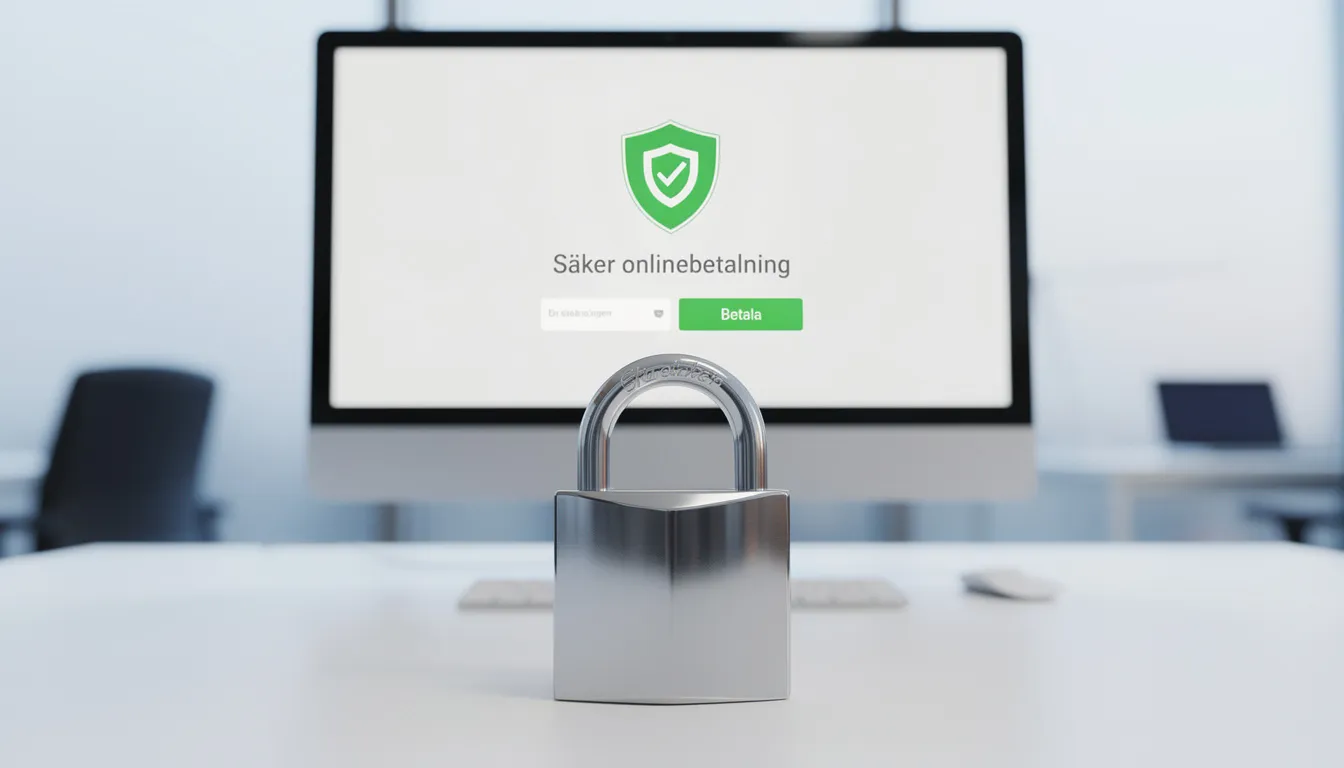 En bild av ett hänglås framför en datorskärm som symboliserar säkerheten vid onlinebetalningar, vilket är viktigt när man använder olika betalningsmetoder för att betala på online casino. Hänglåset representerar skyddet av känslig information när man gör betalningar via nätet.