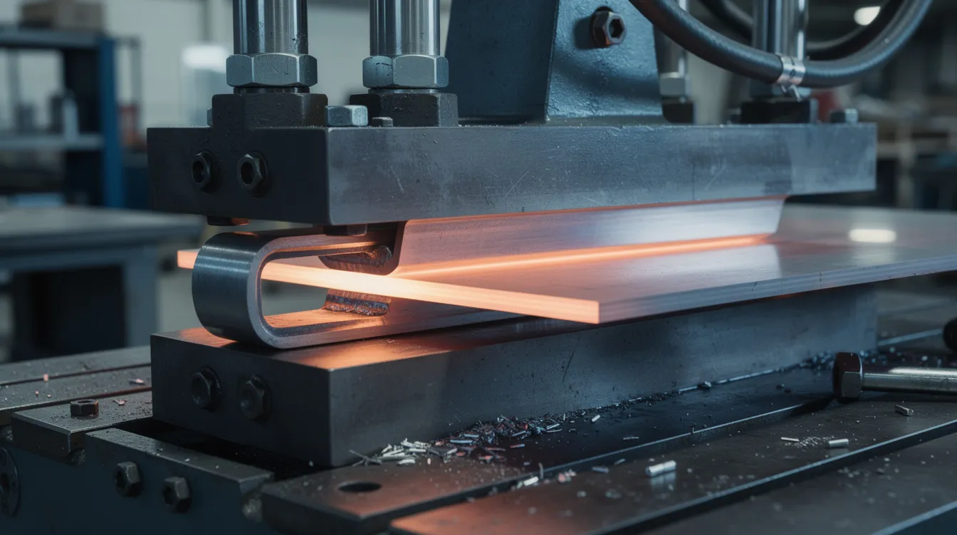 A close-up view of a hydraulic press machine is shown, actively forming a metal bracket from flat sheet metal. This image highlights the precision sheet metal fabrication process, showcasing the machinery used in custom metal fabrication to create specific shapes and components.