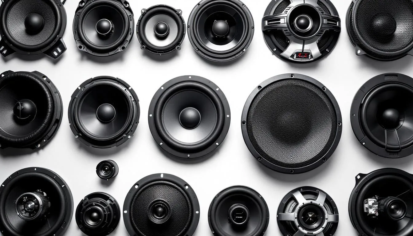 The image features a variety of car speakers, showcasing different sizes and types designed for car audio systems. These speakers promise high-quality sound and deep bass, enhancing your listening experience while driving.