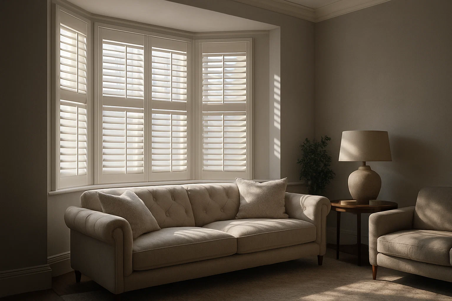 White plantation shutters providing insulation and reducing heat loss in a modern grey living room.