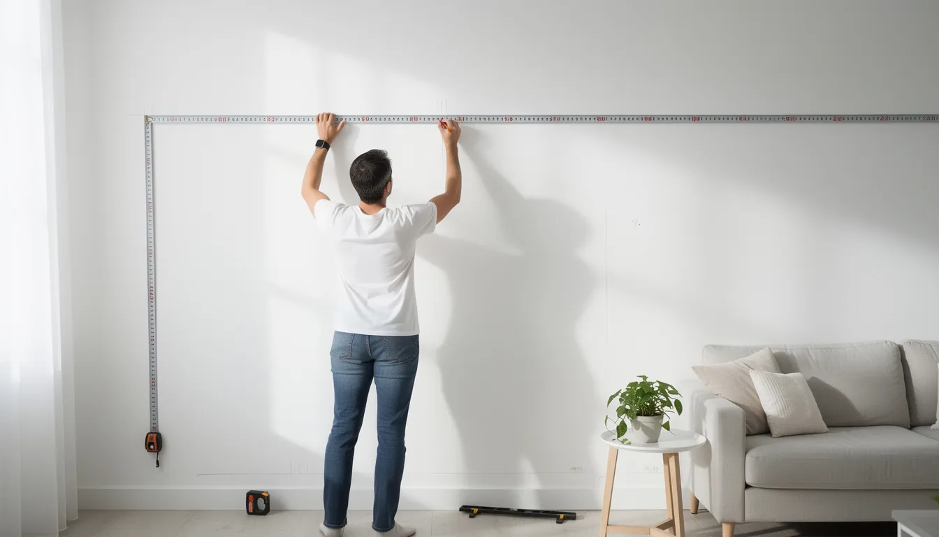 Una persona está usando una cinta métrica para determinar el espacio en la pared para colocar una obra de arte, considerando cuidadosamente las dimensiones para asegurar que la pieza perfecta complemente la habitación