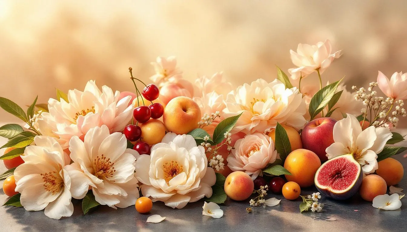 Beliebte Herznoten in Parfums, dargestellt durch Blumen und Früchte.