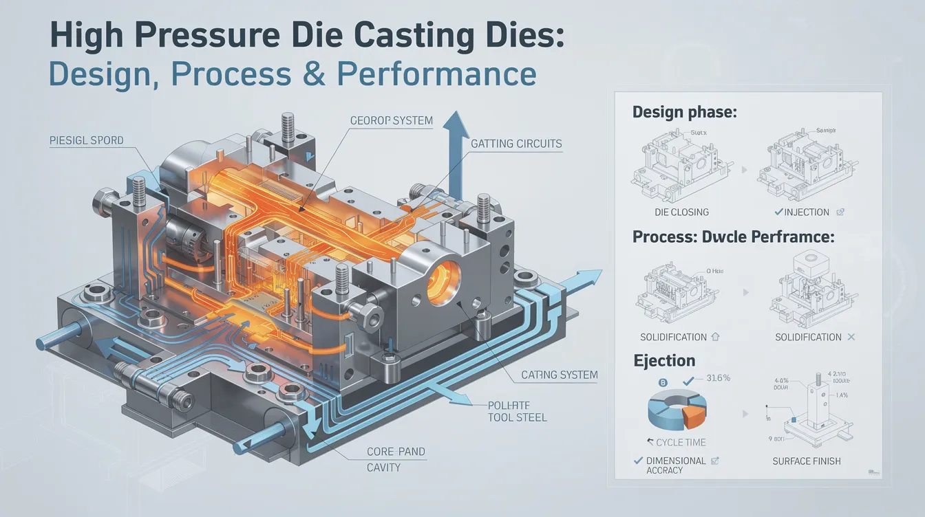 The image showcases a high pressure die casting machine, highlighting the intricate design of the die casting process where molten metal fills the mold cavity. This manufacturing method is crucial for producing complex parts with excellent dimensional accuracy and smooth surface finishes, essential for high volume production in industries like automotive and consumer electronics.