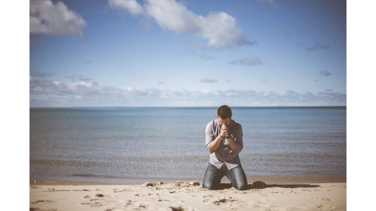 beach, idyllic, man -praying to bring health through gracious words for no more death. He is trying to find rest in God's righteous right hand. He is trying not to lose heart in prayer for good medicine and better health.