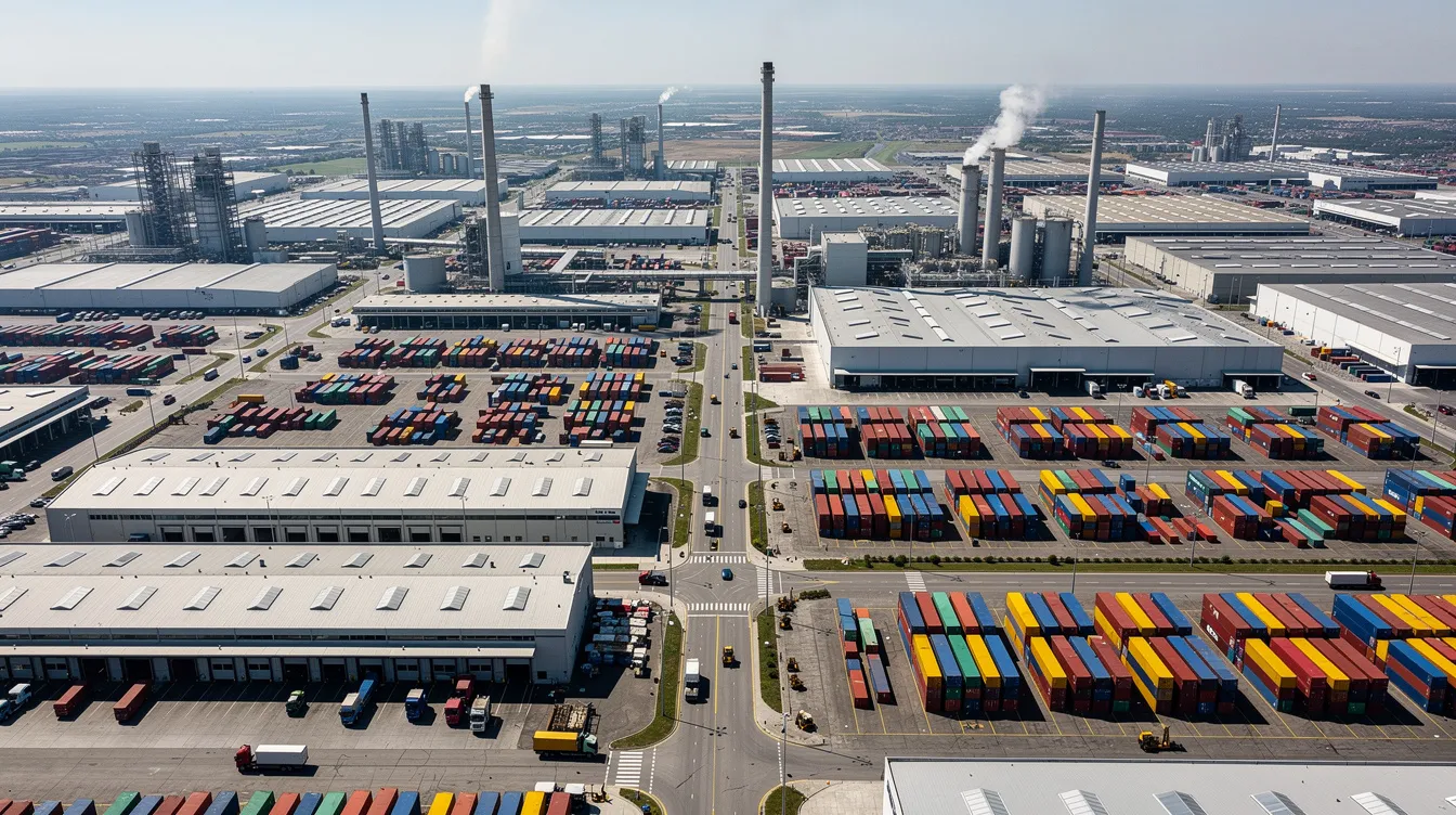 The image shows an aerial view of a large industrial manufacturing district filled with factory buildings and rows of shipping containers, indicative of a hub for precision sheet metal fabrication and custom metal parts production. This bustling area reflects advanced technology and high-volume production capabilities, essential for industries such as automotive and medical devices.