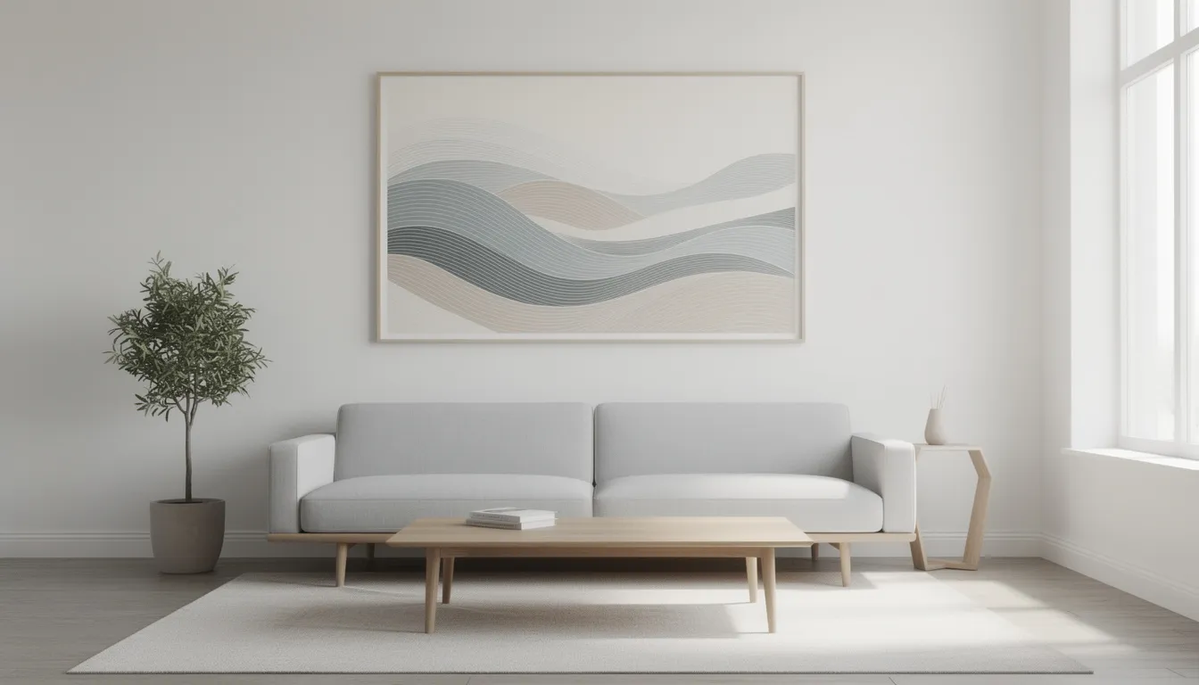 Das Bild zeigt ein minimalistisches Wellenmuster-Kunstwerk in gedämpften Tönen, elegant präsentiert in einem zeitgenössischen Wohnraum, das ein Gefühl von Ruhe und Verbindung zur Natur hervorruft. Dieses Stück spiegelt den Einfluss traditioneller japanischer Kunst wider und ist eine perfekte Ergänzung für jede Sammlung japanischer Gemälde oder Drucke zum Verkauf.