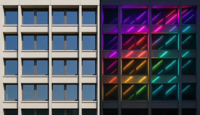 before and after building facade with dynamic RGB linear lightings