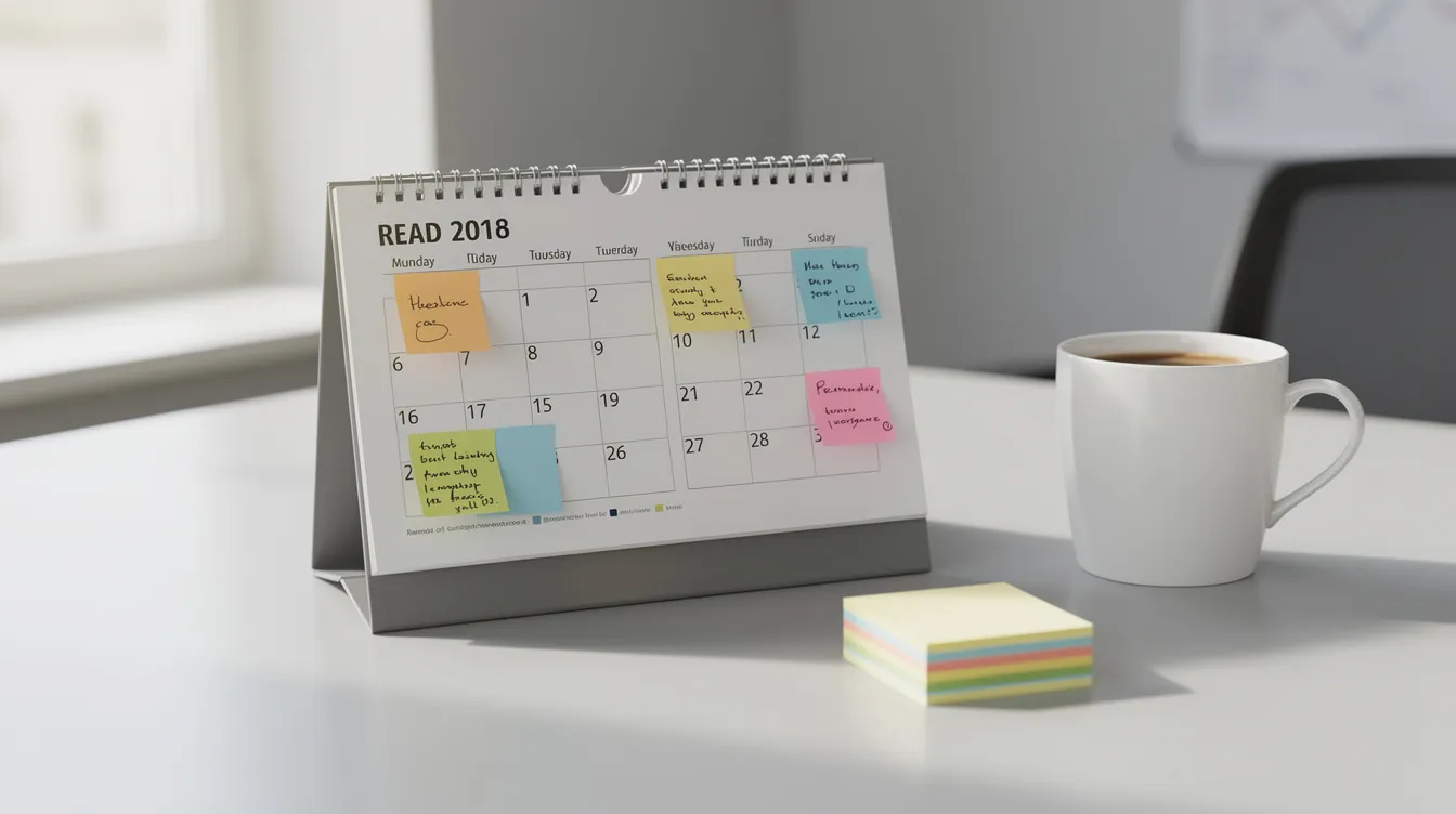 Une image d'un calendrier de bureau affichant trois mois à venir, accompagné de notes autocollantes et d'une tasse de café, dans un environnement professionnel propre. Cette scène évoque l'organisation et la gestion du temps, des éléments essentiels pour développer la confiance en soi au travail et améliorer l'estime de soi.