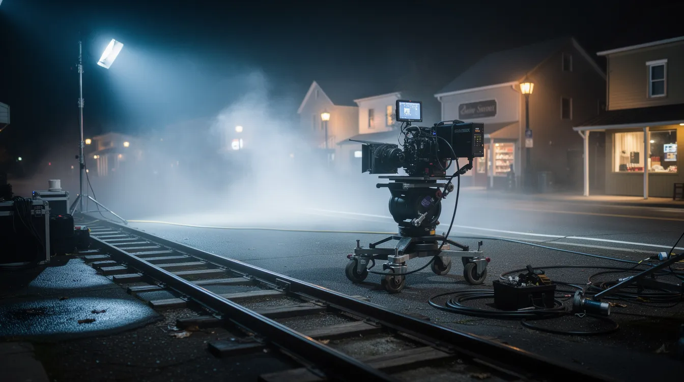 Das Bild zeigt ein nächtliches Filmset mit hellen Scheinwerfern, die auf eine Kleinstadt-Kulisse gerichtet sind. Nebelschwaden umhüllen die Szenerie und verstärken die mysteriöse Atmosphäre, die an Klassiker wie "Zurück in die Zukunft" erinnert.