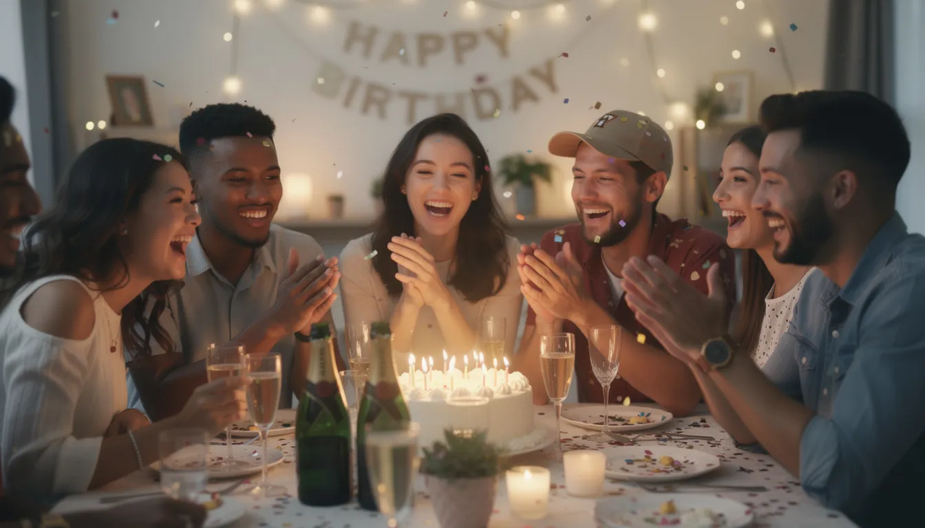 En grupp vänner firar en födelsedag med tårta och champagne, där de skrattar och njuter av stunden tillsammans. Det är en festlig atmosfär där presenter och glädje står i fokus.