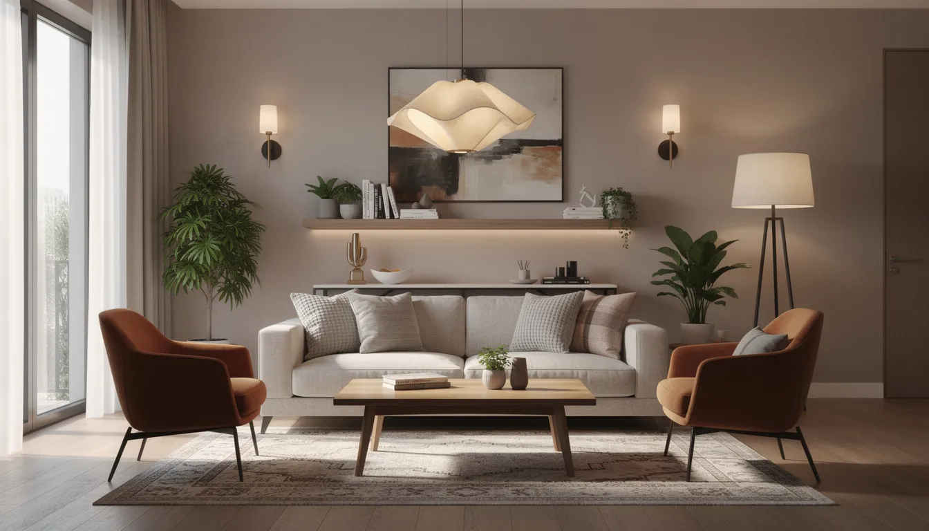 The image depicts a cozy living room featuring a mix of furniture pieces, including a comfortable sofa and a stylish coffee table, illuminated by layered lighting such as table lamps and a floor lamp. The room showcases a harmonious color palette, soft textures, and wall art, creating a welcoming living space that reflects the art of decorating without overspending.