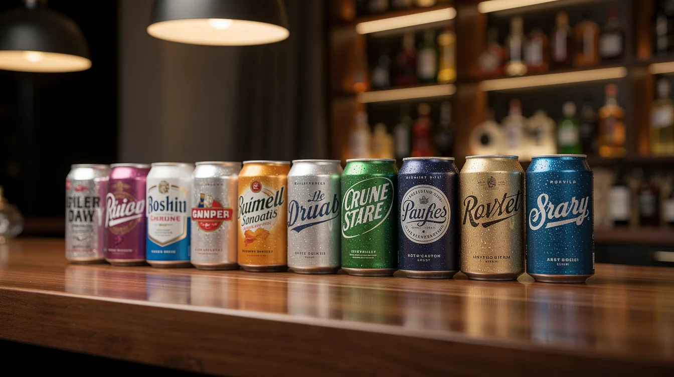 The image shows a selection of various canned beverages artfully arranged on a bar counter, illuminated by soft ambient lighting. This setting suggests a relaxed atmosphere where consumers might explore different options, potentially including hemp derived products that are gaining popularity in states like New Jersey.