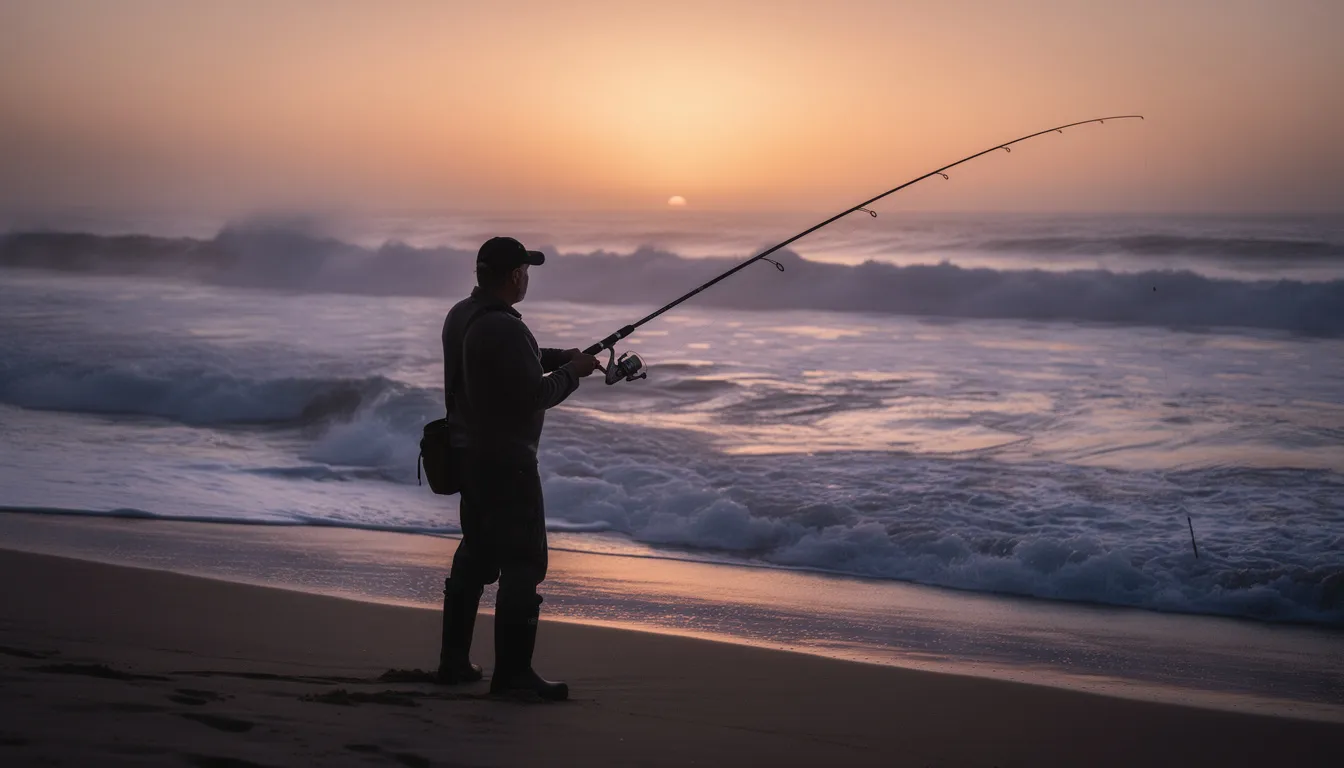 Wędkarz stoi na plaży o zmierzchu, trzymając długą wędkę surfcastingową, podczas gdy fale morza bałtyckiego rozbijają się o brzeg. Scena oddaje atmosferę relaksu i pasji do wędkarstwa morskiego w pięknych warunkach naturalnych.