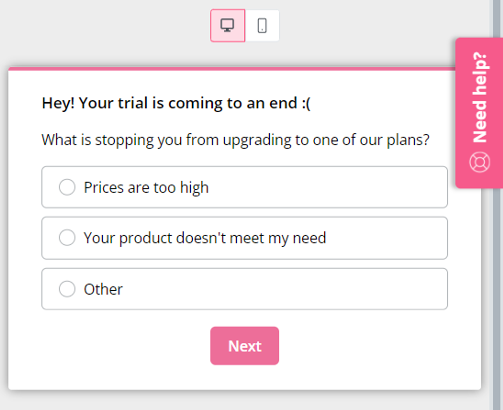 End-of-trial survey created in Userpilot.