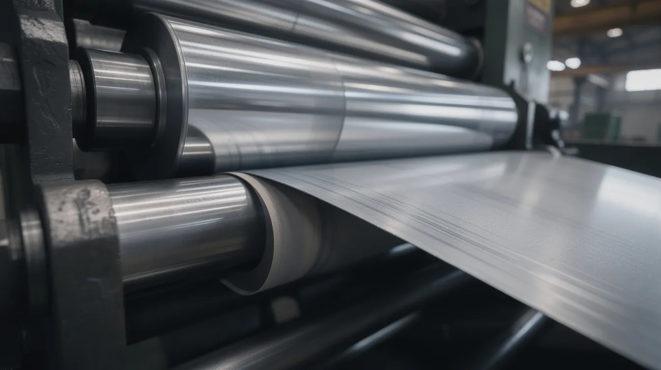 A close-up view of a flat steel sheet being processed through three polished cylindrical rollers on an industrial slip roll machine, showcasing the precision and quality of the sheet metal fabrication industry. The rollers apply pressure to bend the material into desired shapes, indicating the machine's capability to handle various thicknesses and types of metal.