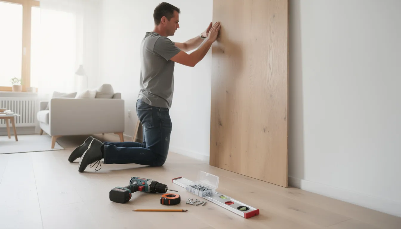 Een persoon monteert een houten wandpaneel van eiken in een lichte woonkamer, waarbij verschillende gereedschappen zichtbaar zijn. Het wandpaneel heeft een natuurlijke uitstraling en draagt bij aan een warme sfeer in het interieur.