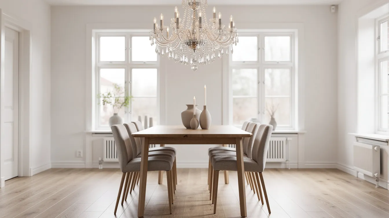 En elegant kristallkrona hänger över ett matbord i ett ljust skandinaviskt hem, där ljuset reflekteras genom de glittrande kristallprismorna och skapar en modern och exklusiv atmosfär. Rummet är inrett med stiliga detaljer som kompletterar den vackra takkronan.