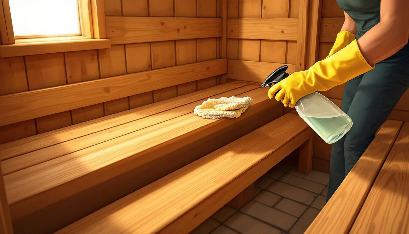 The image depicts a sauna room with wooden benches and a sauna heater, showcasing the importance of sauna maintenance. Essential items like a water bucket and cleaning tools are visible, emphasizing the need for regular upkeep to keep the sauna in top shape and maintain a pleasant sauna experience.