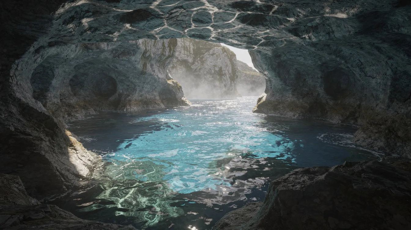 Imagem de uma caverna marinha em Zakynthos, com água azul brilhante refletindo a luz do sol nas paredes de rocha. Este cenário deslumbrante, típico das ilhas jônicas, destaca a beleza natural das praias e cavernas da região, como as famosas blue caves.
