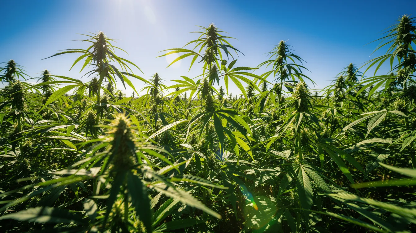 The image depicts a vibrant green hemp field under a clear blue sky, with sunlight filtering through the lush leaves of the cannabis sativa plants. This scene highlights the potential of hemp products and the agricultural landscape of Missouri, where regulations around cannabis, including delta 8 THC, are an ongoing topic of discussion.