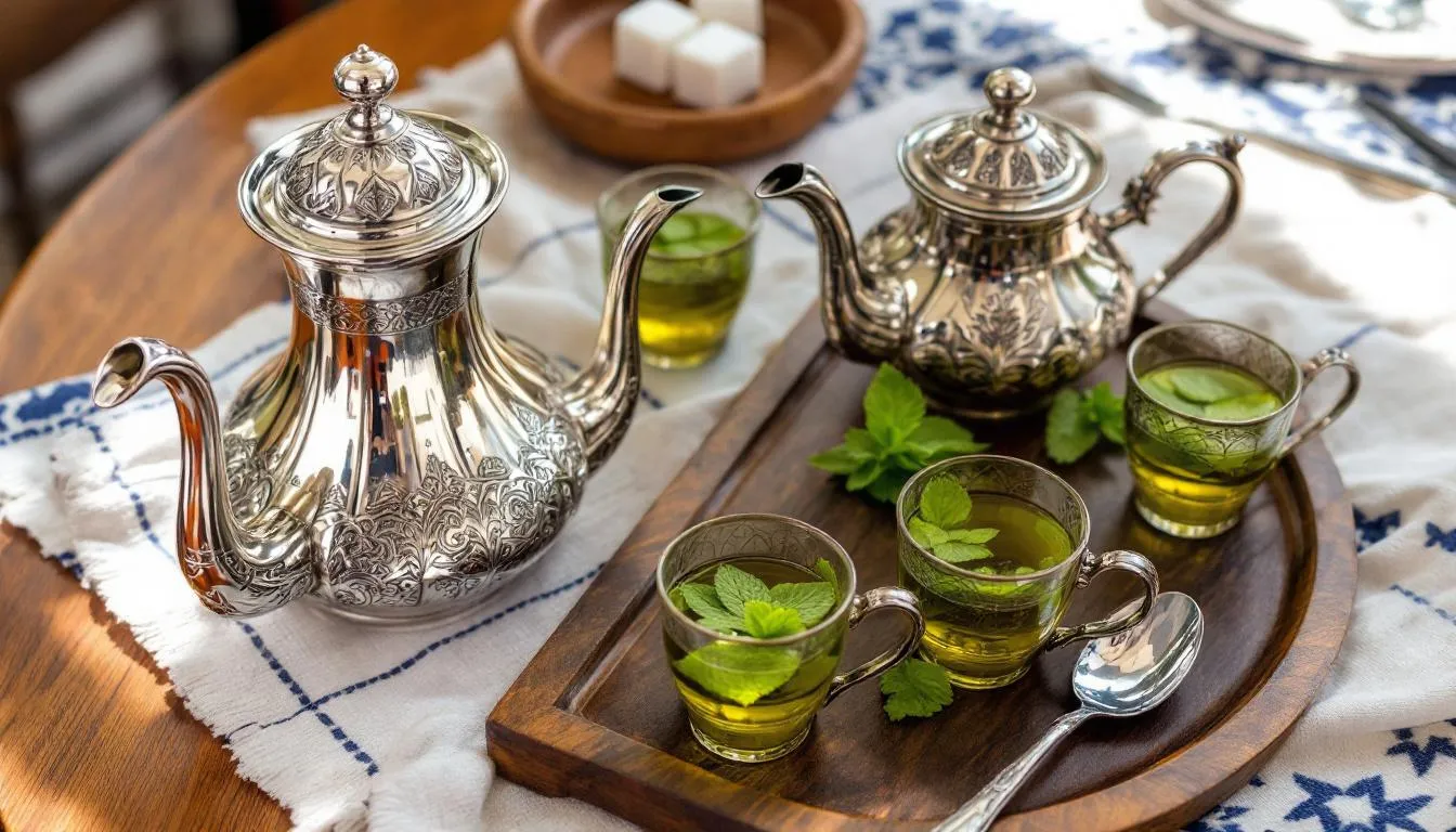 A traditional Moroccan mint tea set is displayed, featuring an ornate silver teapot and intricately designed glasses, embodying the rich heritage of Moroccan culture. This image captures the essence of Moroccan cuisine and traditional crafts, showcasing a beloved ritual that is central to social gatherings in North Africa.
