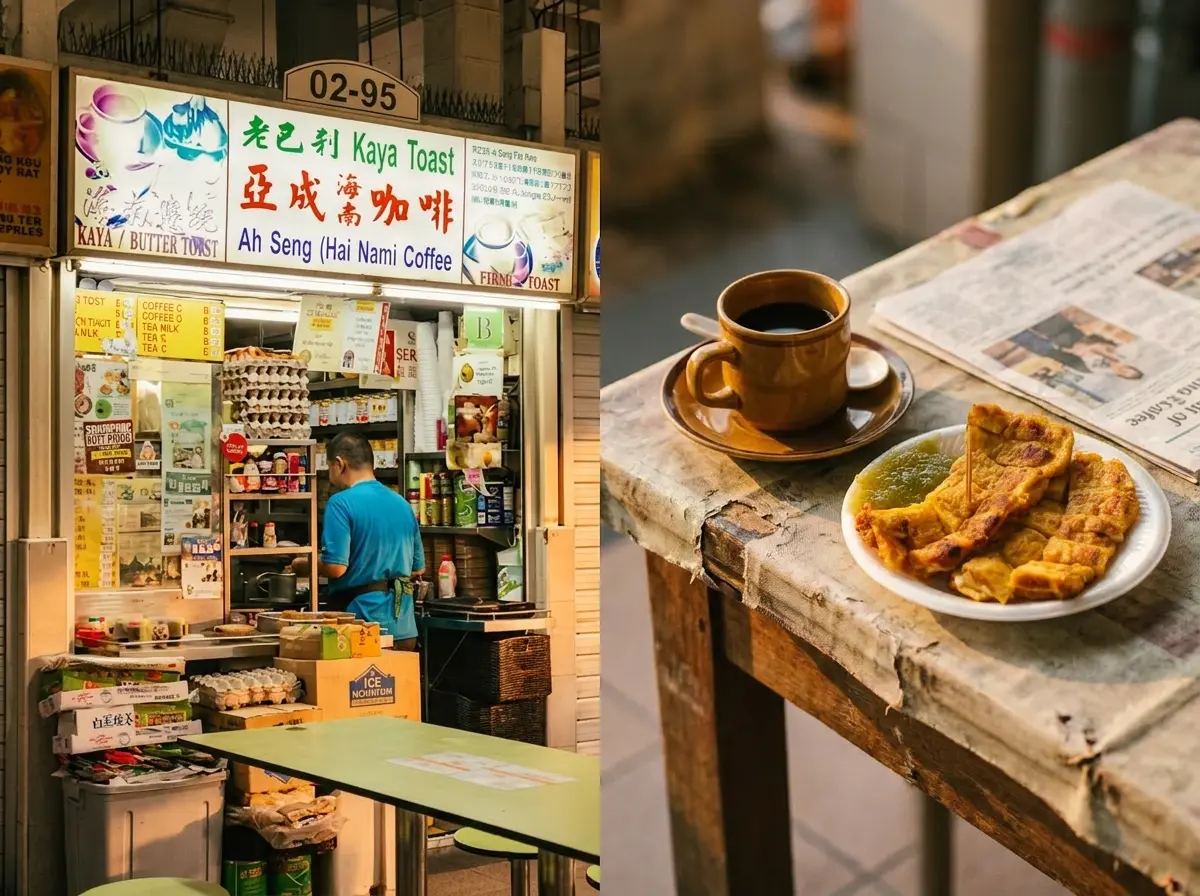 A split image showing a Singaporean hawker stall named "Ah Seng (Hai Nam) Coffee" on the left, with a vendor working inside. On the right, a traditional breakfast of black coffee in a ceramic cup, a plate of kaya toast, and a newspaper sit on a rustic wooden table.