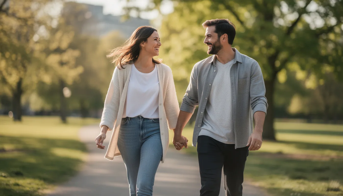 A happy couple strolls hand in hand outdoors, basking in natural light, radiating joy and love. Their smiles reflect a strong bond, embodying the essence of relationship success and mutual respect in their everyday life.