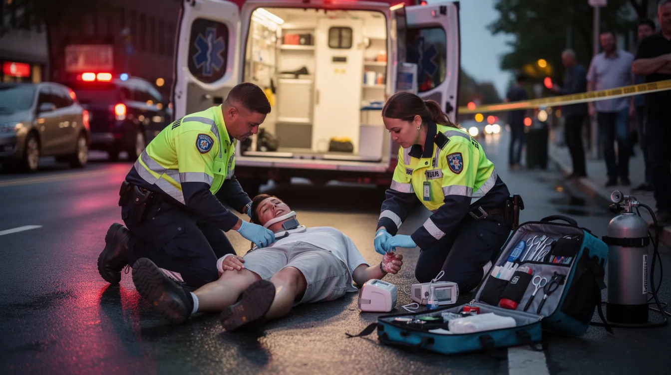 Emergency medical responders are attending to an injured individual who appears to have sustained head injuries, possibly from an explosion in Houston. The scene captures the urgency of providing care to victims of industrial accidents, highlighting the critical role of first responders in such emergencies.