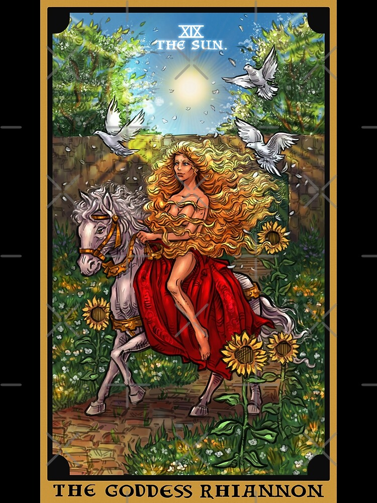 Goddess Rhiannon is riding naked atop of a white horse through a path of sunflowers. Her golden hair is flowing all around her while three doves circle her. This image is depicted as 'the sun' tarot card.