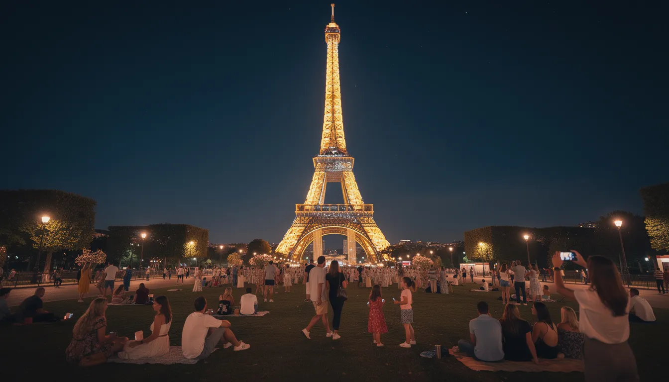 Na obrazie widać Wieżę Eiffla nocą, oświetloną tysiącami złotych świateł, z tłumem ludzi zgromadzonym na Polach Marsowych, cieszących się atmosferą Sylwestra w Paryżu. W tle rozpościera się panorama miasta miłości, podkreślająca romantyczny klimat tej wyjątkowej nocy.