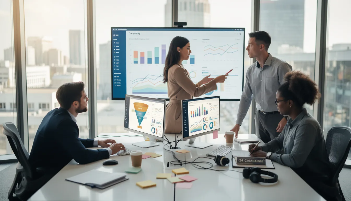 A marketing team is gathered in a modern office, analyzing data displayed on multiple computer monitors. They are using various AI-powered SEO tools to gain valuable insights into search engine optimization efforts and improve their content creation strategies.