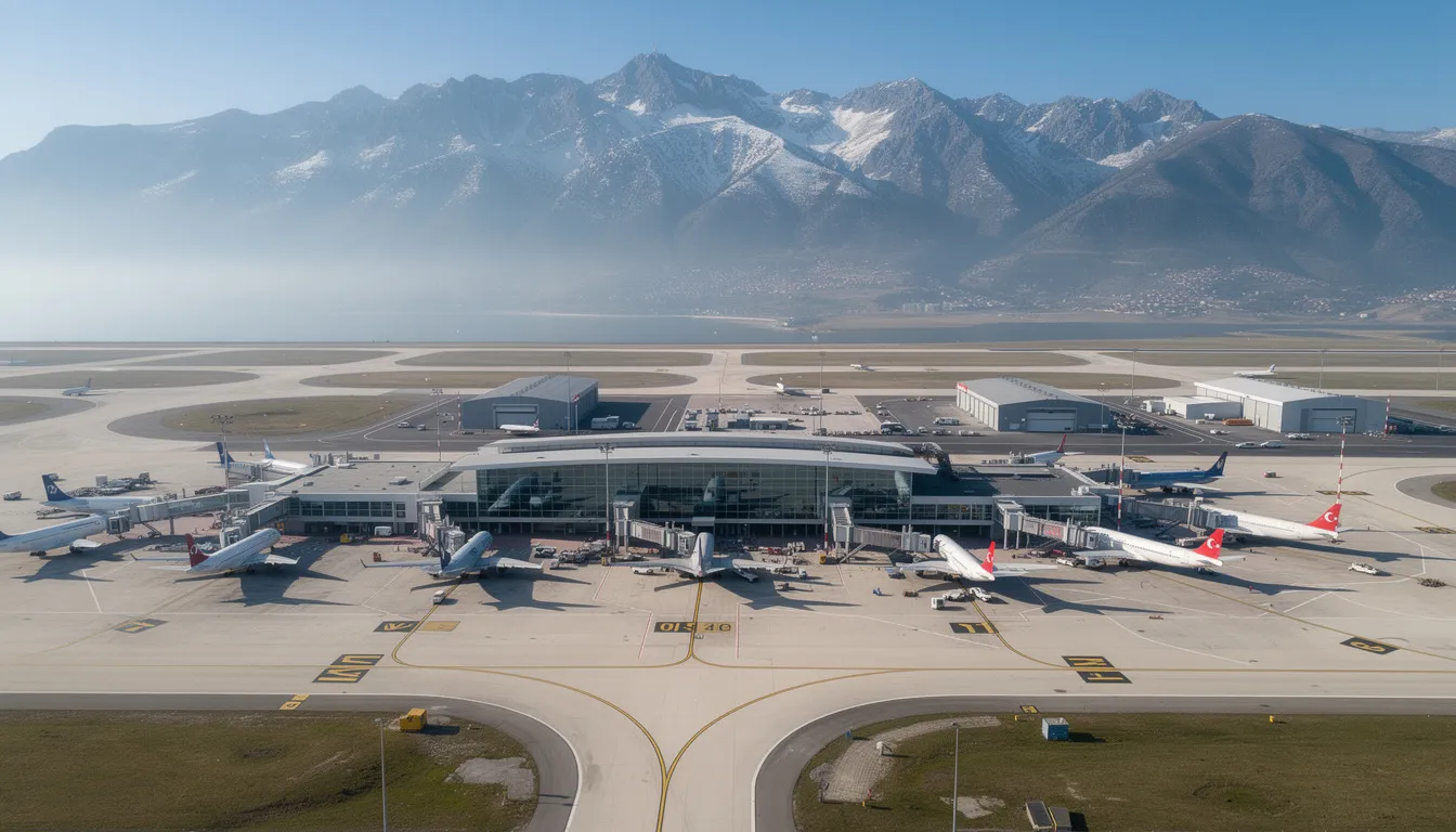 Vue aérienne d'un aéroport turc entouré de majestueuses montagnes, où l'on peut apercevoir des avions stationnés et des véhicules de location prêts pour les voyageurs. Ce paysage évoque la beauté des vacances en Turquie et la liberté d'explorer des destinations variées.