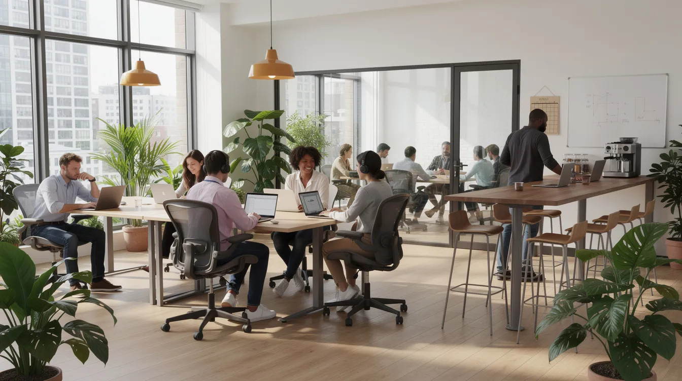0b2177e5 2ca6 4942 bb46 078e97877125 The image depicts a modern co-working office space filled with young professionals focused on their laptops, collaborating and engaging in discussions. This vibrant environment is ideal for aspiring entrepreneurs and local businesses in Indore, fostering innovation and strategic insights for new business ideas and digital services.