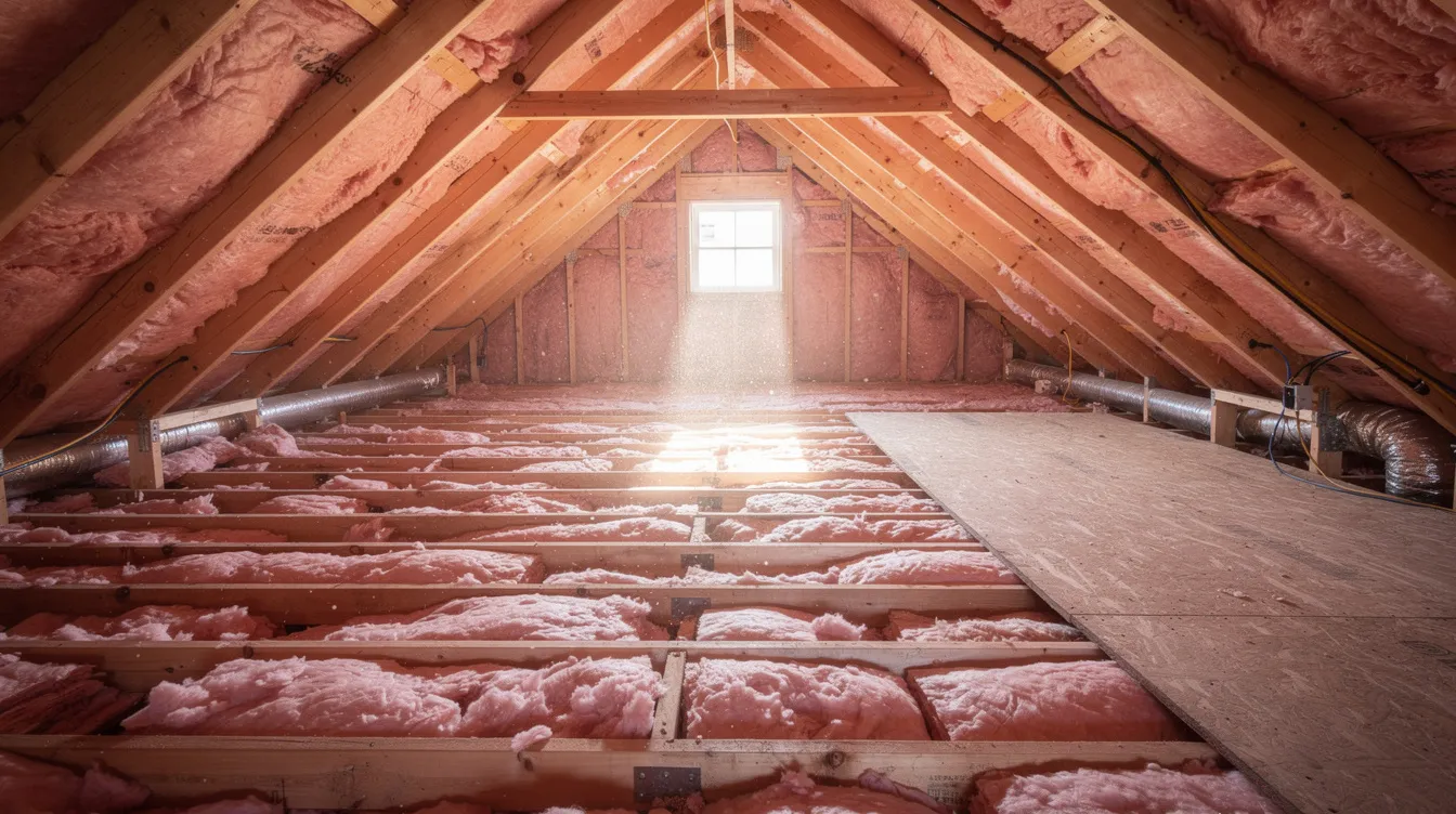 The image depicts an attic interior featuring exposed insulation and wooden beams, highlighting potential entry points for common attic pests such as roof rats and flying squirrels. This space, often associated with strange noises and rodent activity, may also contain nesting materials and food sources that attract larger animals, emphasizing the need for effective pest control and wildlife removal strategies.