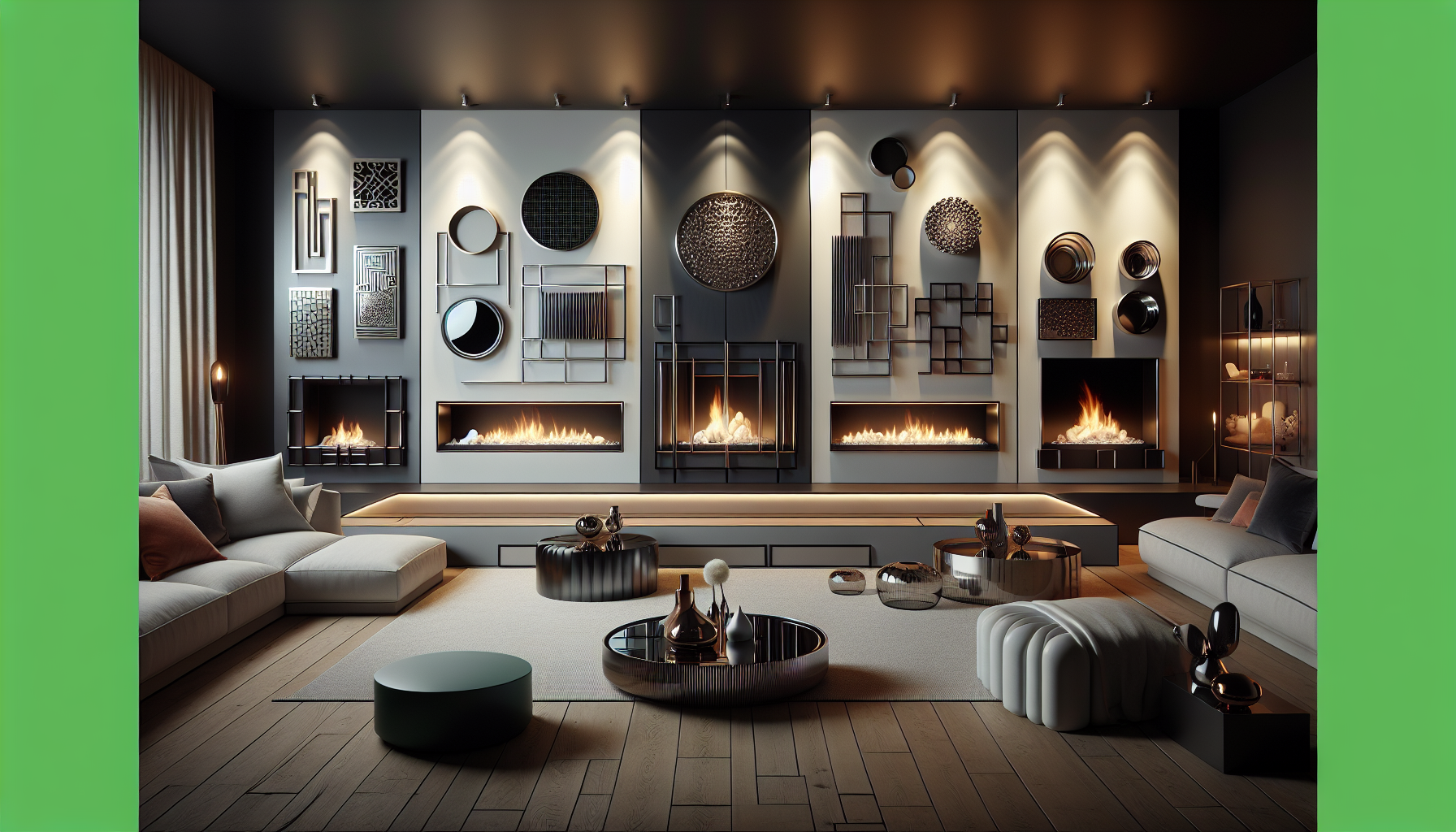 Stylish fire surrounds enhancing modern decor in a living space.