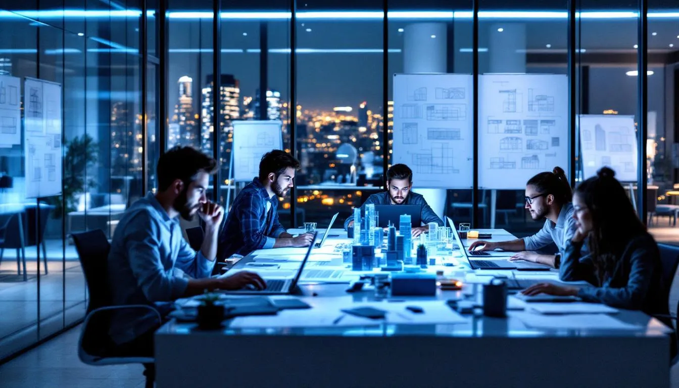 In a modern office setting, a group of young architects collaborates late into the evening, surrounded by blueprints and digital screens, symbolizing their commitment to professional development and advocacy within the architecture industry. Their focused expressions reflect the vital efforts they put forth to positively affect their community and future projects.