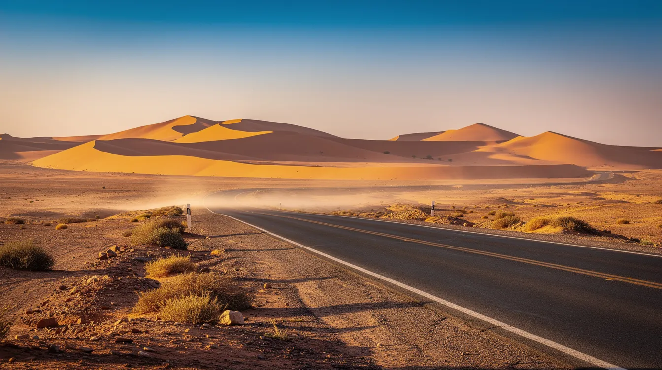 Une route panoramique marocaine serpente à travers un paysage désertique, avec des dunes de sable dorées qui s'étendent à perte de vue en arrière-plan. Ce décor spectaculaire est idéal pour un road trip au Maroc, offrant une expérience unique aux voyageurs.