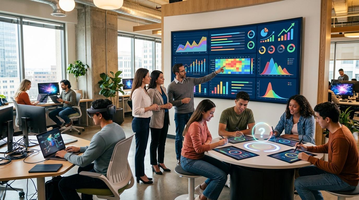 Modern education technology workspace featuring assessment analytics, interactive quizzes, AI-assisted learning, and student performance visualizations, realistic lighting, no text or interface elements.