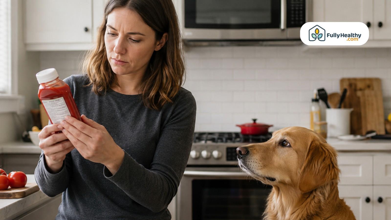 Pet owner reading ketchup label while golden retriever watches in kitchen