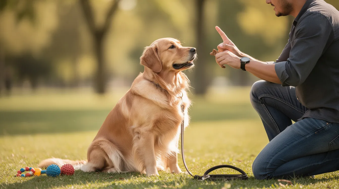 The image depicts a golden retriever puppy engaged in a training session, showcasing its intelligent and eager demeanor. The puppy is surrounded by training tools like chew toys and a leash, illustrating key aspects of golden retriever training, such as positive reinforcement and basic obedience commands.