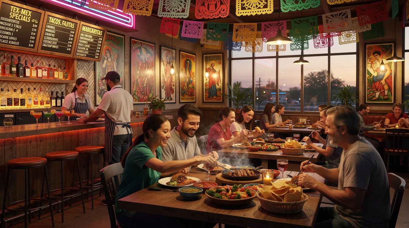 The image depicts a vibrant Tex-Mex restaurant, featuring colorful decor and a lively atmosphere filled with diners enjoying their meals. This setting reflects the restaurant industry, where effective restaurant accounting services play a crucial role in ensuring financial health and operational efficiency.