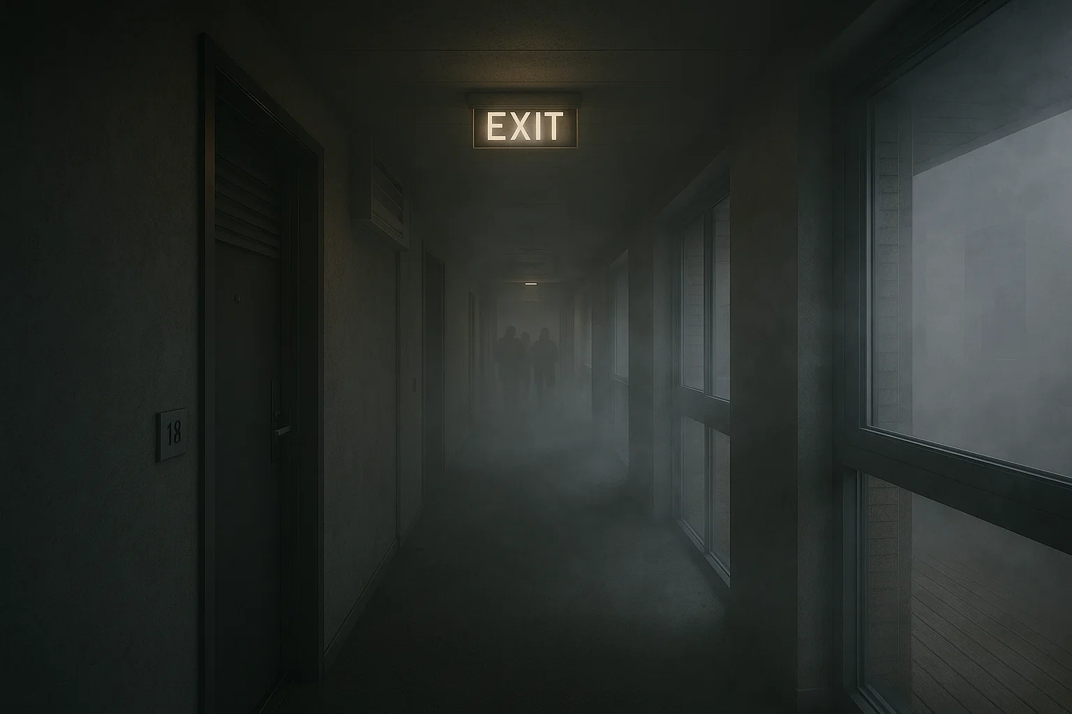 A smoky high-rise corridor showing failed smoke-ventilation systems similar to the conditions at New Providence Wharf.