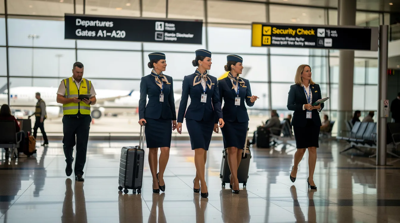 The image depicts cabin crew members and airport staff walking through a busy terminal, engaged in their daily operations within the aviation industry. This scene highlights the importance of effective workforce management and crew scheduling to ensure smooth flight operations and passenger services.