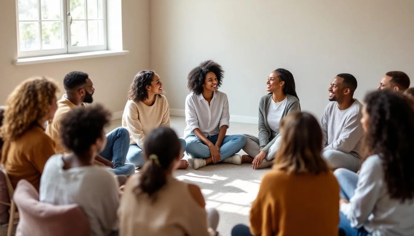 A diverse group of people is sitting in a circle during a group therapy session, engaging in open discussions about their mental health issues and experiences. This supportive environment fosters self-discovery and encourages individuals to seek professional help for their mental health conditions.